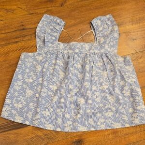 Liverpool Blue and White Striped With White Floral Square Neck Top XL